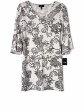 MSK Cream & Gray Paisley V-Neck Tunic Dress